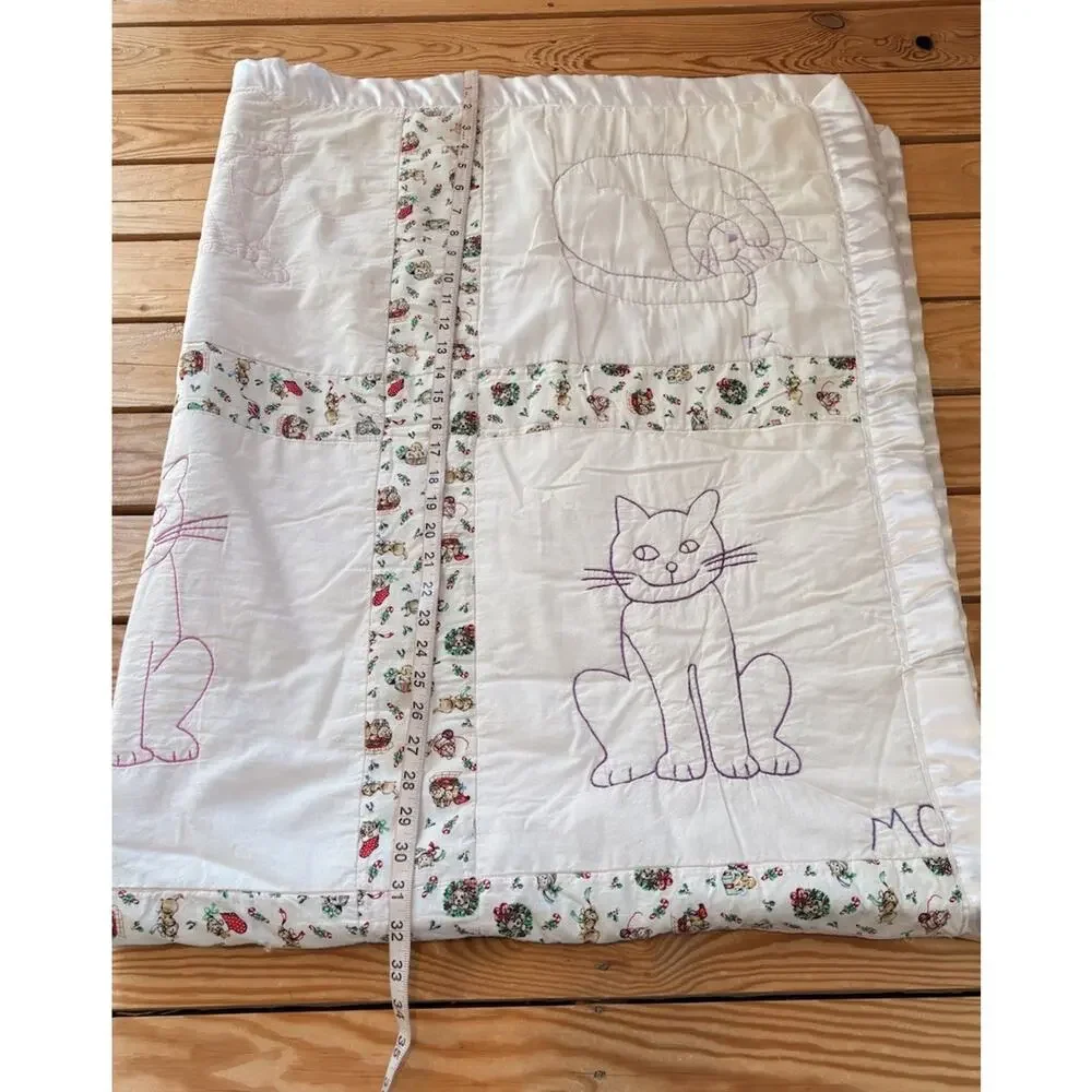 Vintage Handmade Embroidered Cat Quilt Size 64x50 White H2